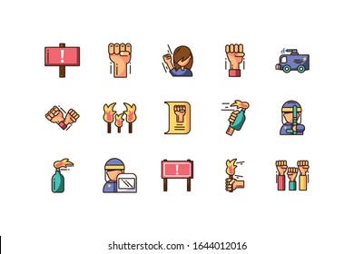 protest concept of icons set over white background, colorful fill style, vector illustration design