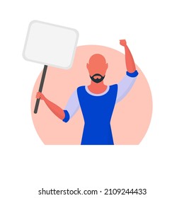 Protest concept A man with a blank banner in his hands. With space for your text. Rally or protest concept. Cartoon style.