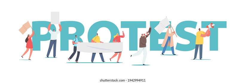 Concepto de protesta. Gente protestando con carteles en huelga o manifestación por la revolución, personajes activistas con carteles, disturbios, afiches del movimiento de boletos, pancartas o volantes. Ilustración del vector de dibujos animados