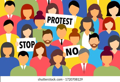 Ilustración vectorial de concepto de protesta. Gente sosteniendo pancartas de protesta. Gente con pancartas protestando por las actividades. Huelga laboral, protesta por los derechos humanos. Diseño para web, banner, afiche.