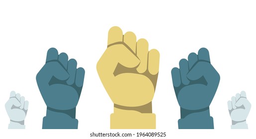 Protest concept. Vector illustration of raised human hands with clenched fists. Raised fist