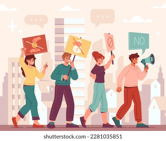 Protest corruption concept. Men and women walk through city with placards with crossed out money symbol. Rally against financial crimes of state and officials. Cartoon flat vector illustration