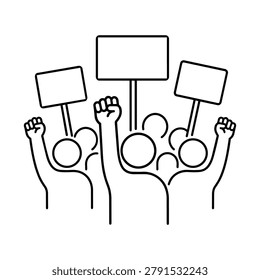 Protest crowd icon with raised hands and blank signs for public conflict, demonstration, and social disagreement vector illustration