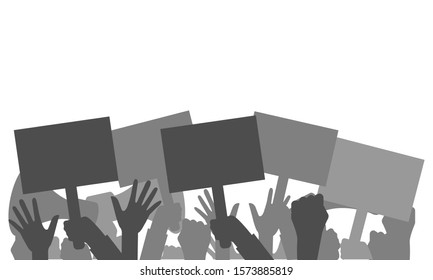 Protest. A crowd of people with banners, a megaphone, dissatisfied during the riot, show their fists, isolated on a white background. Vector stock illustration with copy space.