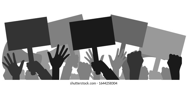 Protest. A crowd of people with banners, a megaphone, dissatisfied during the riot, show their fists, isolated on a white background. Vector stock illustration.