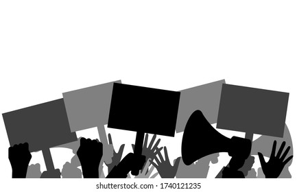 Protest. A crowd of people with banners, a megaphone, dissatisfied during the riot, show their fists, isolated on a white background. Vector stock illustration with copy space.