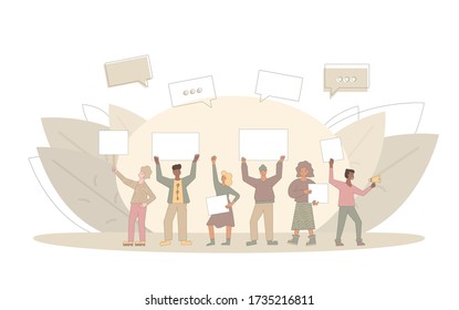 Protest. Crowd of people holding placards. Persons standing together with blanks. Group of men and women with banners taking part in parade, picket. Social activism. Vector flat illustration.