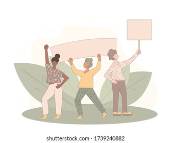 Protest. Crowd of people holding placards. Persons standing together with blanks. Group of men and women with banners taking part in parade, picket. Social activism. Vector flat illustration.