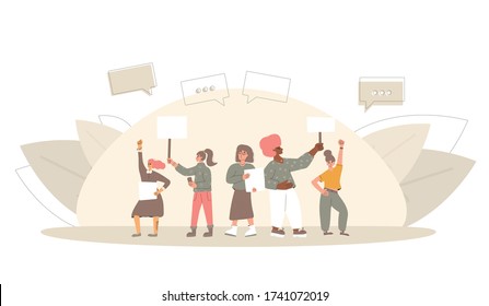 Protest. Crowd of people holding placards. Persons standing together with blanks. Group of men and women with banners taking part in parade, picket. Social activism. Vector flat illustration.
