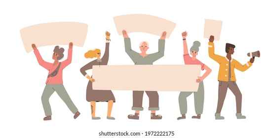 Protest. Crowd of people holding placards. Persons standing together with blanks. Group of men and women with banners taking part in parade, picket. Social activism. Vector flat illustration.