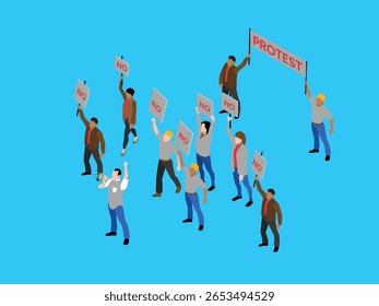 Multitud de protesta con carteles y megáfonos en la Ilustración vectorial 3d de la escena de la manifestación
