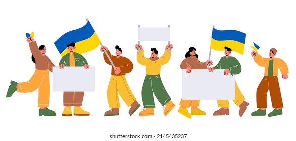 Protest demonstration against war with people holding Ukrainian flags and white banners. Vector flat illustration of group of men and women on demonstration for peace and freedom of Ukraine