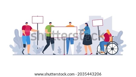 Protest demonstration with flat disabled person, vector illustration. Activist character at wheelchair, woman man with prosthesis.