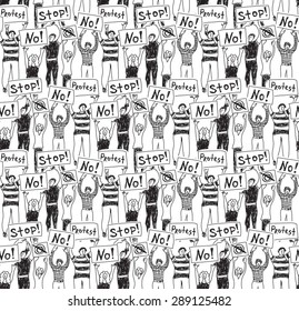 Protest demonstration group people seamless pattern black and white
Crowd of protest people. Monochrome vector seamless pattern.