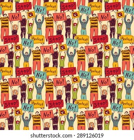 Protest demonstration group people seamless pattern color 
Crowd of protest people. Color vector seamless pattern.
