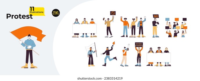 Protest-Demonstrationslinie Cartoon flach Illustrations-Paket. Multikulturelle Menschen protestieren gegen 2D-Strichzeichen, einzeln auf weißem Hintergrund. Vektorgrafik-Kollektion für soziale Gerechtigkeit