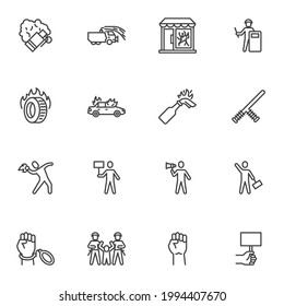 Protest, demonstration line icons set, outline vector symbol collection, linear style pictogram pack. Signs, logo illustration. Set includes icons as arresting protester, tear gas bomb, raised hand