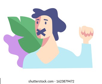 Protest or demonstration, making demands concept vector. Social action, non verbal communication, silent strike, man with sticked adhesive tape over mouth. Boy activist or protester with raised fist