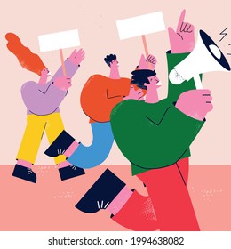 Protest, demonstration, parade concept. Group of activists, strike concept, people protesting, group of people in action flat colorful vector illustration poster