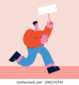 Protest, demonstration, parade concept. Man activist holding placard, strike concept, person protesting flat colorful vector illustration poster