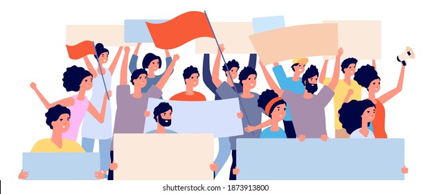 Protest demonstration. Politic revolution, angry people crowd with flags and placards. Human cheers, public patriot meeting utter vector concept