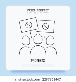 Protest, demonstration thin line icon, group of people holding banner. Editable stroke. Modern vector illustration.