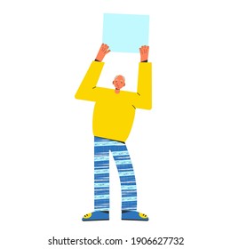 Protest. Elderly man standing and holding placard isolated on white background. Single picket. Mature male character taking part in parade, rally, processions, solitary picket. Vector illustration.