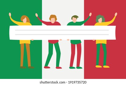 Protest in Europe, Italy. People crowd holding blank banner, manifesting activists. Street demonstration vector concept. Illustration of placard protester, political revolution, demonstrate