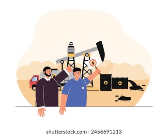 Protest of the exploitation and disposal of fuel oil in the community, pollution vector illustration.