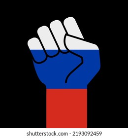Protest fist in the colors of the Russian flag. Rised hand. Flat vector illustration isolated on black background.