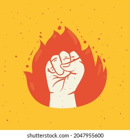 Protest fist hand in flame on yellow background