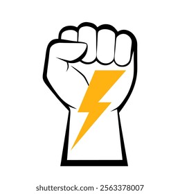 Protest fist with lightning. People protesting for human rights, equality anti-discrimination movement. Clenched fist raised up. Gym logo. Vector illustration.