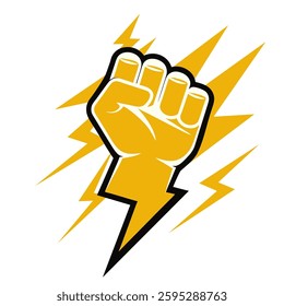 Protest fist with lightning. People protesting for human rights, equality anti-discrimination movement. Clenched fist raised up. Gym logo. Vector illustration.