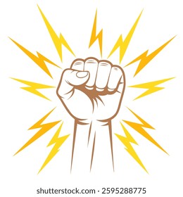 Protest fist with lightning. People protesting for human rights, equality anti-discrimination movement. Clenched fist raised up. Gym logo. Vector illustration.