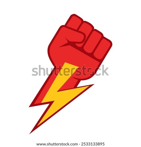 Protest fist with lightning. People protesting for human rights, equality anti-discrimination movement. Clenched fist raised up. Gym logo. Vector illustration.