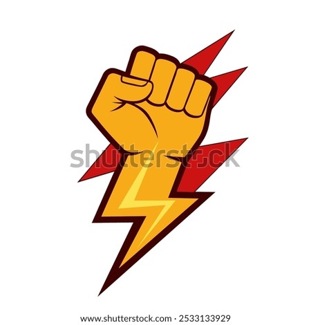 Protest fist with lightning. People protesting for human rights, equality anti-discrimination movement. Clenched fist raised up. Gym logo. Vector illustration.