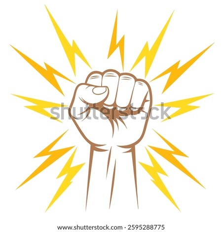 Protest fist with lightning. People protesting for human rights, equality anti-discrimination movement. Clenched fist raised up. Gym logo. Vector illustration.