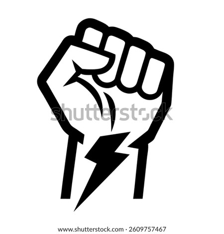 Protest fist with lightning. People protesting for human rights, equality anti-discrimination movement. Clenched fist raised up. Gym logo. Vector illustration.