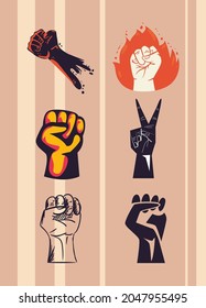 Protest fists hands icon set on striped background
