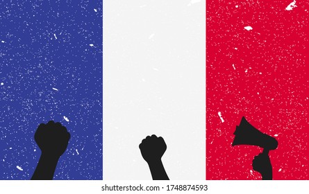 Protest in France.  Vector Illustration with France flag.