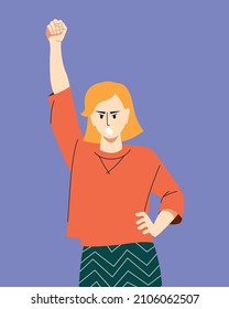 Protest. The girl raised her hand up and expresses dissatisfaction. Vector image. 