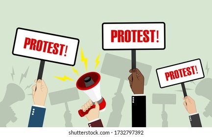 Protest. Group of people. Hands holding banner. Politic vote icon flat on isolated background. EPS 10 vector
