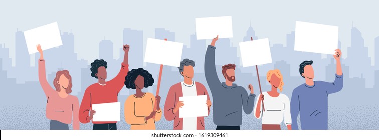 Protest group of people with posters. Flat vector illustration