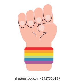 Protest hand gesture with lgbt wristband Vector illustration