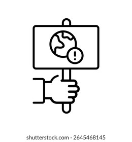 Protest Hand Icon. Holding Planet Sign Outline. Climate Awareness Symbol. Crisis Message Line Style.