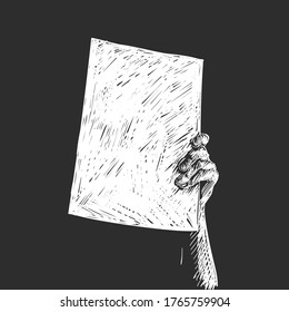 Protest, Hands holding blank banner. White sketch on black background, Hand drawn vector illustration