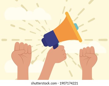 Protest hands holding megaphone design, Manifestation activist and demonstration theme Vector illustration