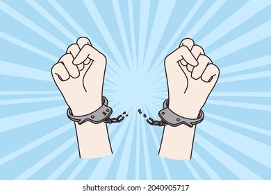 El concepto de protesta, derechos humanos y grilletes. Armas de protesta levantadas por humanos rompiendo cadenas de grilletes elevando nudillos altos ilustraciones vectoriales 