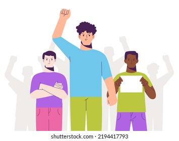 Protest for human's rights concept. 3 men stand in line together with banner. Flat vector illustration isolated on background
