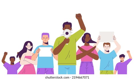 Protest for human's rights concept. Group of people stand with fists up. Raising voice with megaphone and banner. Flat vector illustration isolated on white background